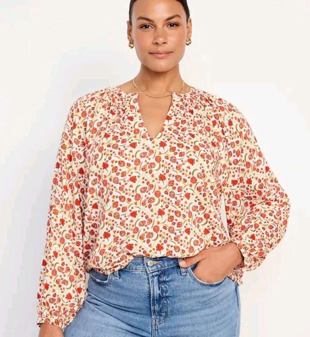 Old Navy Orange Floral Long Balloon Sleeve V-Neck Peasant Blouse